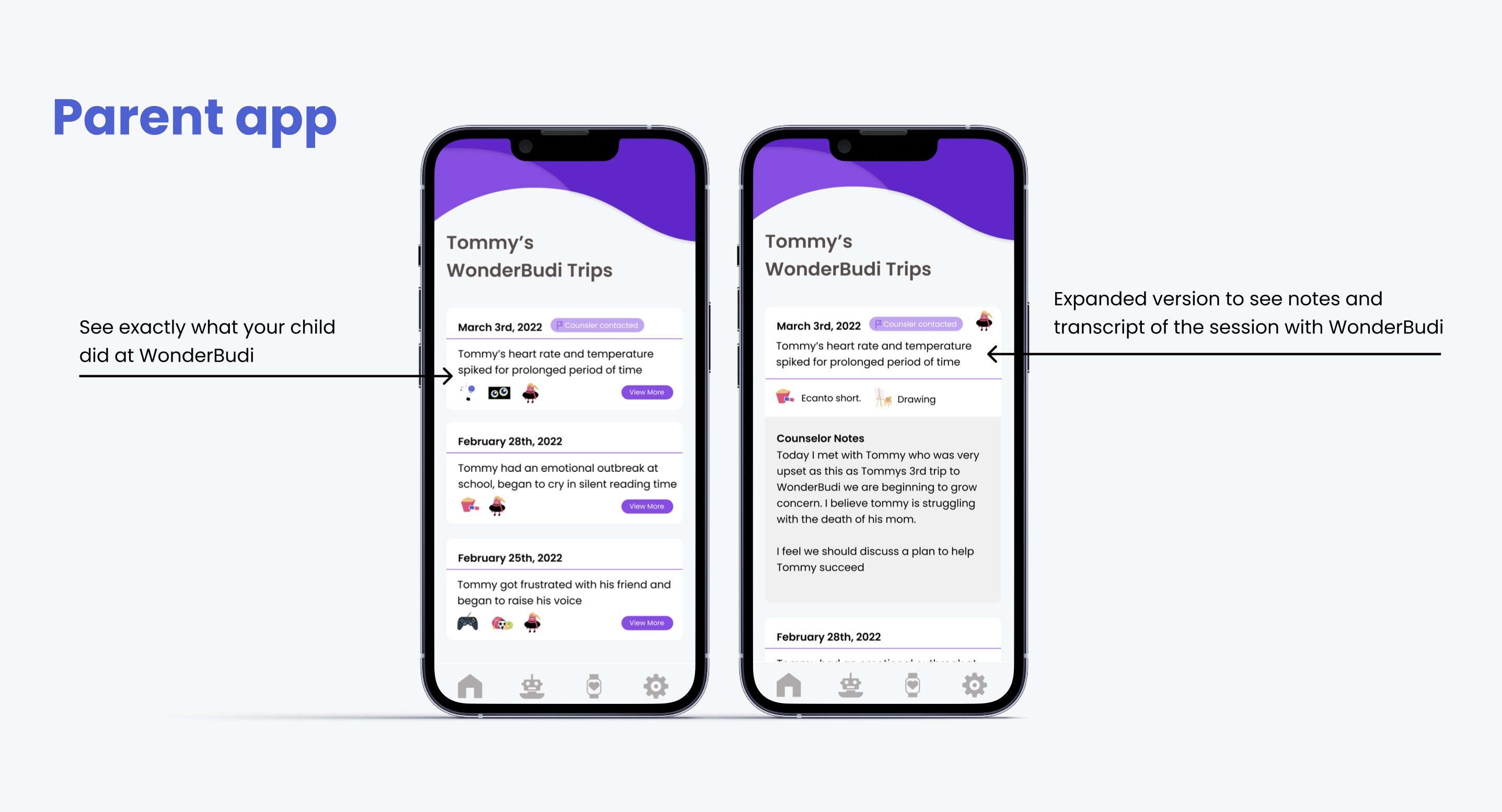 Parent app WonderBudi Trips: shows session history with dates, short descriptions, and an expanded view that includes the full session transcript and counselor notes about Tommy's grief